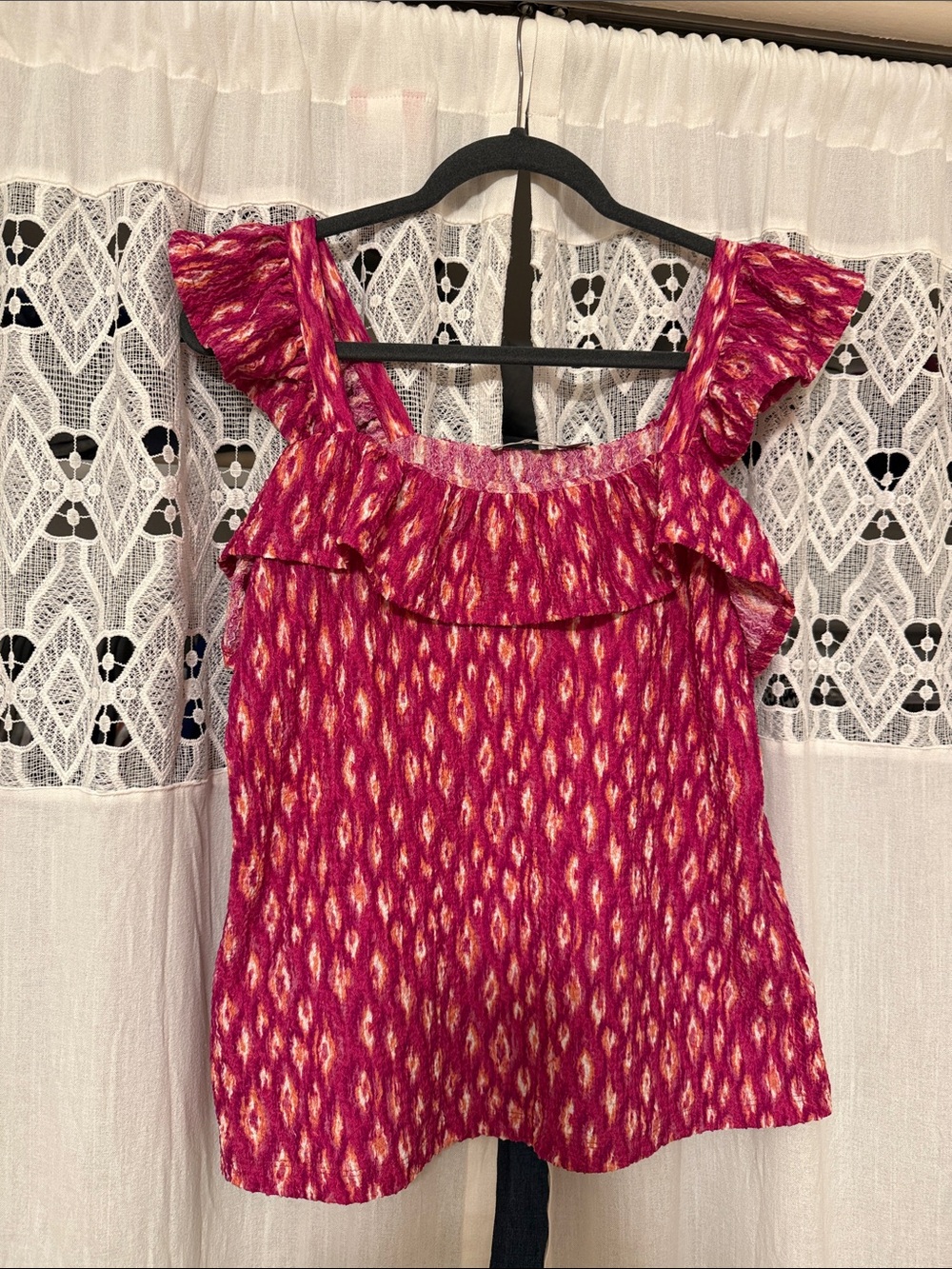 LOFT Pink Patterned Ruffle Tank Top